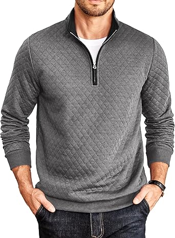 Mens Quarter Zip Pullover Mock Neck Quilted Sweatshirt Casual Long Sleeve Polo Sweater