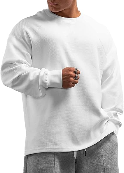 Men's Basic Long Sleeve Waffle Sweatshirt Loose Fit Workout Pullover Crewneck Shirt