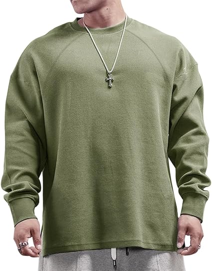Men's Basic Long Sleeve Waffle Sweatshirt Loose Fit Workout Pullover Crewneck Shirt