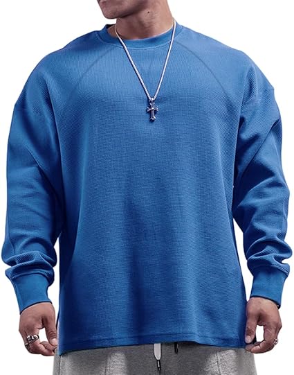 Men's Basic Long Sleeve Waffle Sweatshirt Loose Fit Workout Pullover Crewneck Shirt