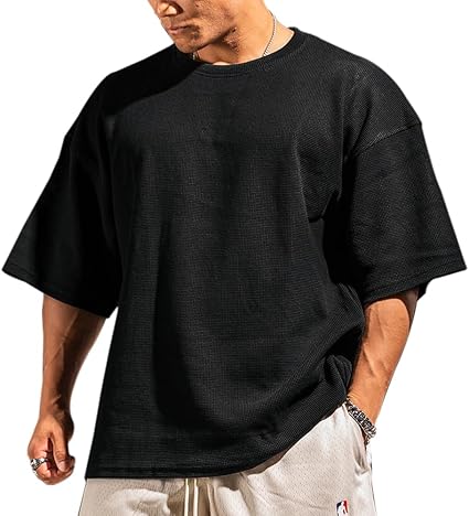 Men's Basic Long Sleeve Waffle Sweatshirt Loose Fit Workout Pullover Crewneck Shirt