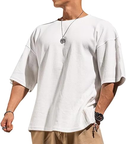 Men's Basic Long Sleeve Waffle Sweatshirt Loose Fit Workout Pullover Crewneck Shirt
