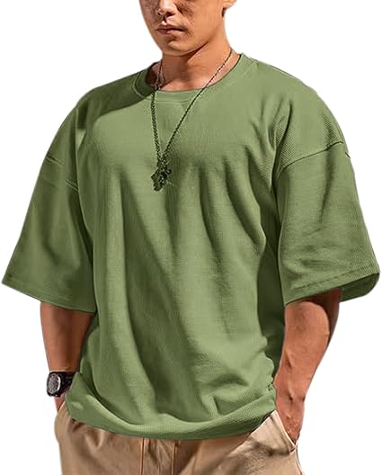 Men's Basic Long Sleeve Waffle Sweatshirt Loose Fit Workout Pullover Crewneck Shirt