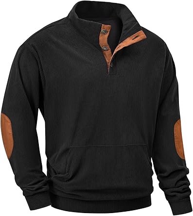 Mens Warm Corduroy Sweatshirt Casual Stand Collar Quarter Fall Metal Button Pullover Sweaters Long Sleeve with Pockets