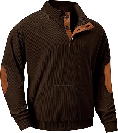 Mens Warm Corduroy Sweatshirt Casual Stand Collar Quarter Fall Metal Button Pullover Sweaters Long Sleeve with Pockets