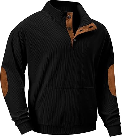 Mens Warm Corduroy Sweatshirt Casual Stand Collar Quarter Fall Metal Button Pullover Sweaters Long Sleeve with Pockets