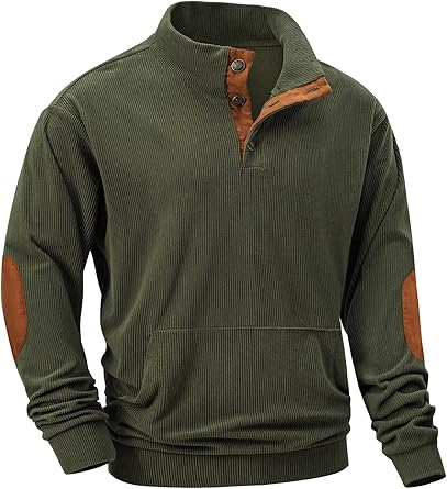 Mens Warm Corduroy Sweatshirt Casual Stand Collar Quarter Fall Metal Button Pullover Sweaters Long Sleeve with Pockets