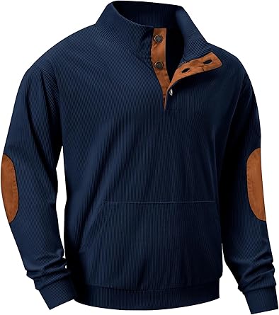 Mens Warm Corduroy Sweatshirt Casual Stand Collar Quarter Fall Metal Button Pullover Sweaters Long Sleeve with Pockets