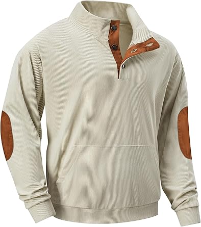 Mens Warm Corduroy Sweatshirt Casual Stand Collar Quarter Fall Metal Button Pullover Sweaters Long Sleeve with Pockets