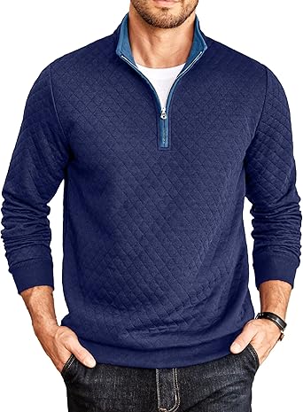 Mens Quarter Zip Pullover Mock Neck Quilted Sweatshirt Casual Long Sleeve Polo Sweater