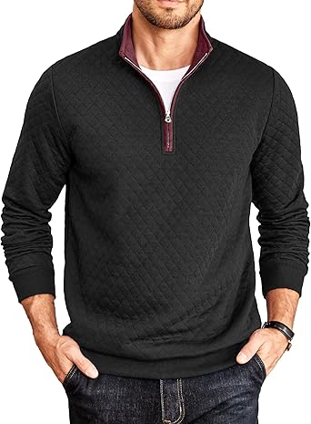 Mens Quarter Zip Pullover Mock Neck Quilted Sweatshirt Casual Long Sleeve Polo Sweater