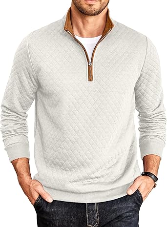 Mens Quarter Zip Pullover Mock Neck Quilted Sweatshirt Casual Long Sleeve Polo Sweater
