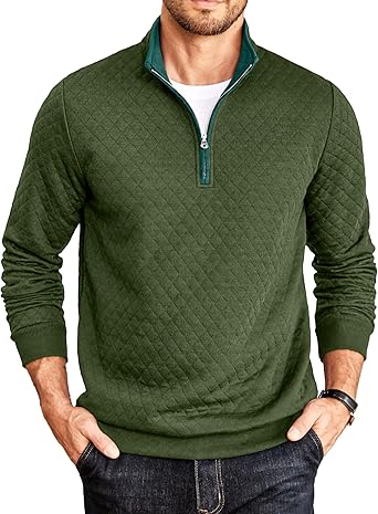 Mens Quarter Zip Pullover Mock Neck Quilted Sweatshirt Casual Long Sleeve Polo Sweater