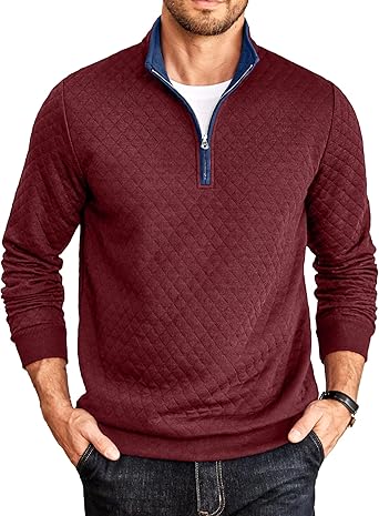 Mens Quarter Zip Pullover Mock Neck Quilted Sweatshirt Casual Long Sleeve Polo Sweater