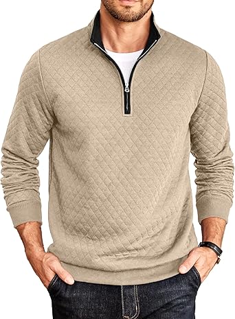 Mens Quarter Zip Pullover Mock Neck Quilted Sweatshirt Casual Long Sleeve Polo Sweater