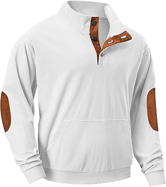Mens Warm Corduroy Sweatshirt Casual Stand Collar Quarter Fall Metal Button Pullover Sweaters Long Sleeve with Pockets