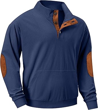 Mens Warm Corduroy Sweatshirt Casual Stand Collar Quarter Fall Metal Button Pullover Sweaters Long Sleeve with Pockets