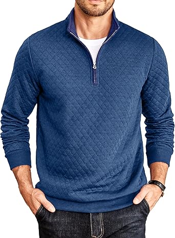Mens Quarter Zip Pullover Mock Neck Quilted Sweatshirt Casual Long Sleeve Polo Sweater